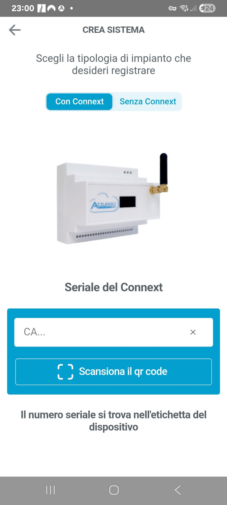 schermata app Azzurro System scelta con Connext o senza Connext