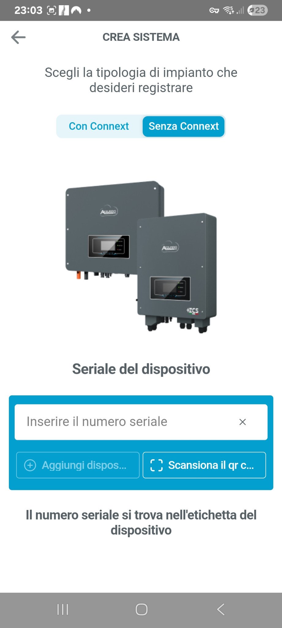 app Azzurro System senza Connext seriale dispositivo inverter